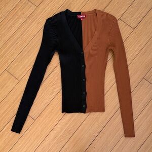 STAUD tan and black button-down V-neck cardigan